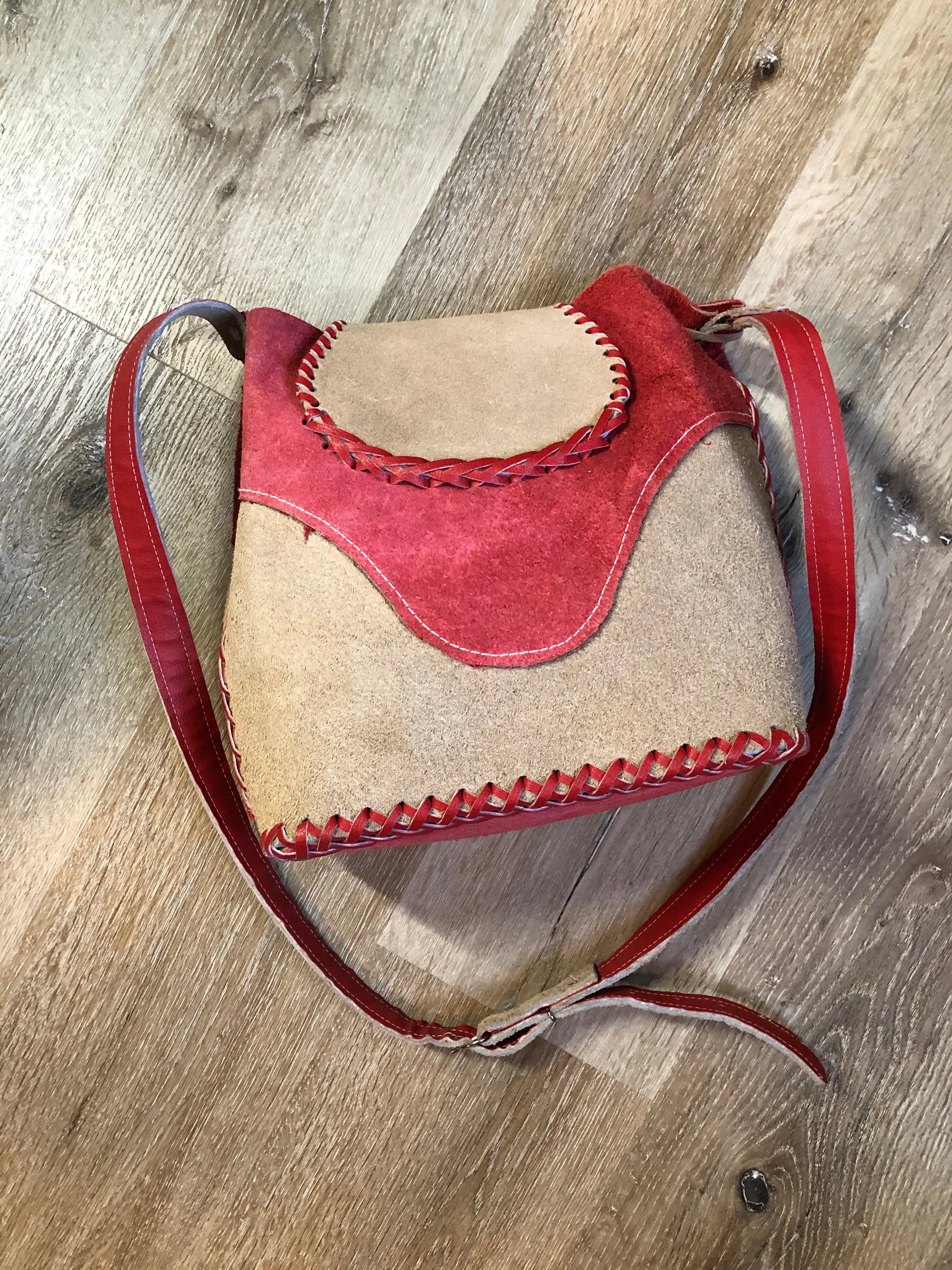 Tan and Red Suede Saddle Bag