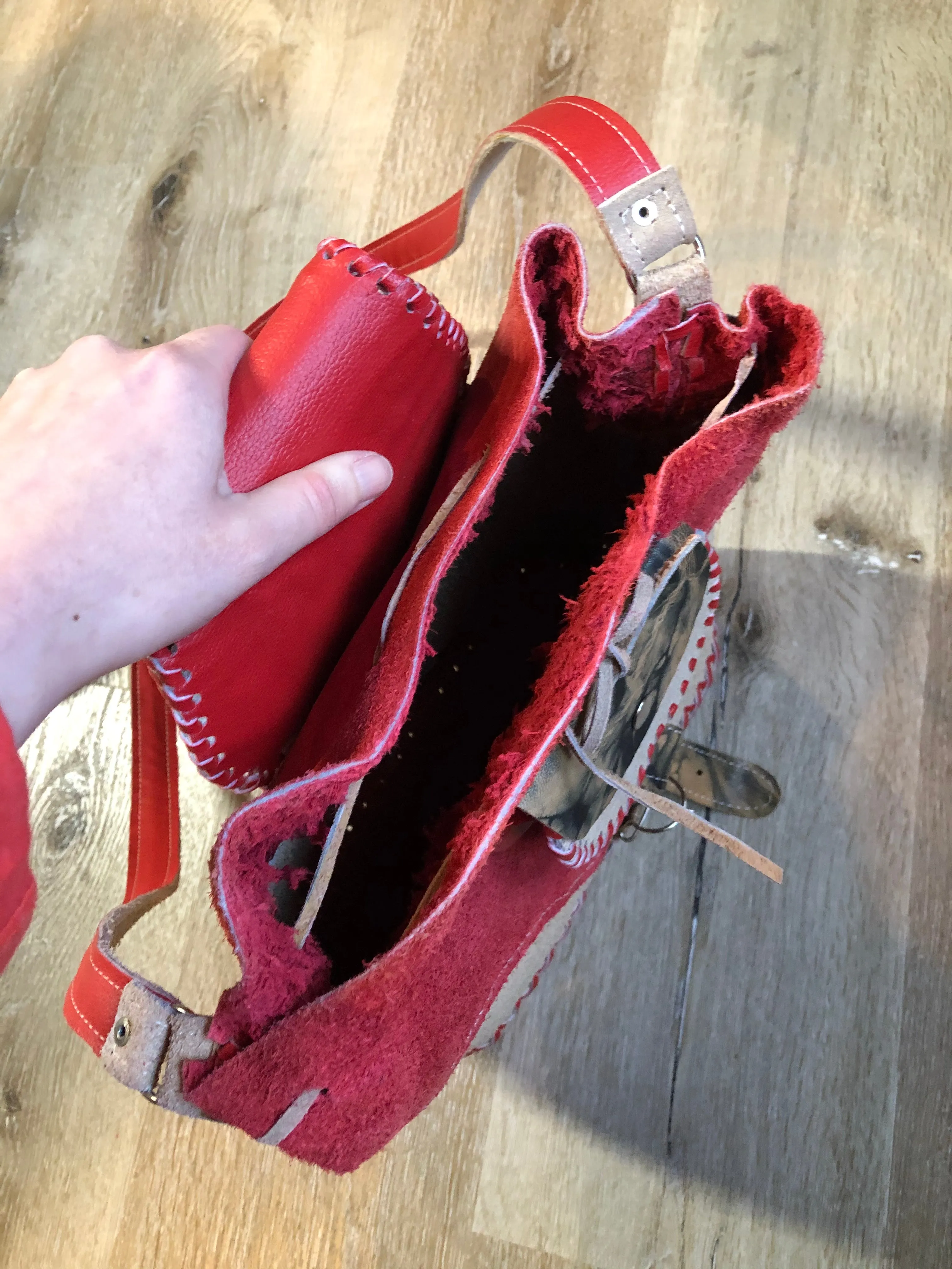 Tan and Red Suede Saddle Bag