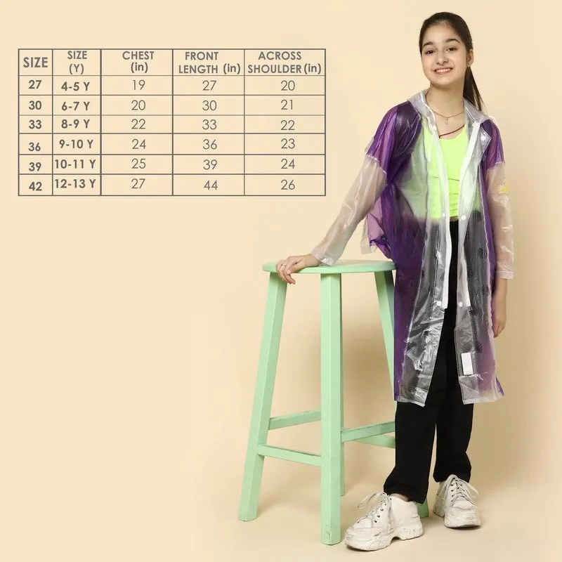 THE CLOWNFISH Laurel Series Kids Waterproof PVC Longcoat with Adjustable Hood & Extra Space for Backpack/Schoolbag Holding. Printed Plastic Pouch. Kid Age-12-13 years (Size-42-Blue)