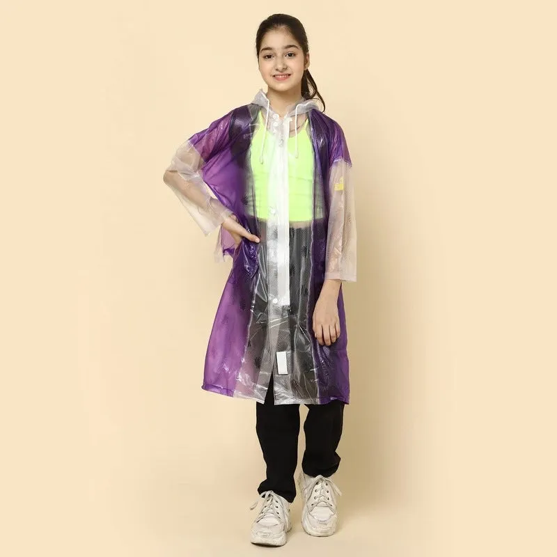 THE CLOWNFISH Laurel Series Kids Waterproof PVC Longcoat with Adjustable Hood & Extra Space for Backpack/Schoolbag Holding. Printed Plastic Pouch. Kid Age-9-10 years (Size-36-Blue)