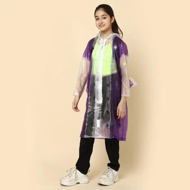 THE CLOWNFISH Laurel Series Kids Waterproof PVC Longcoat with Adjustable Hood & Extra Space for Backpack/Schoolbag Holding. Printed Plastic Pouch. Kid Age-9-10 years (Size-36-Blue)