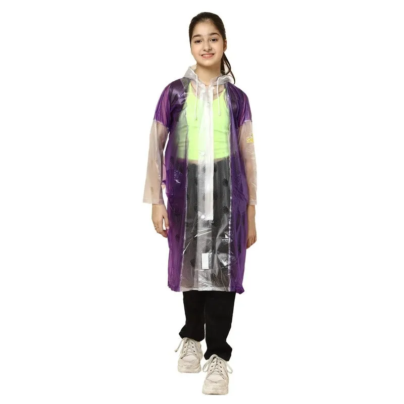 THE CLOWNFISH Laurel Series Kids Waterproof PVC Longcoat with Adjustable Hood & Extra Space for Backpack/Schoolbag Holding. Printed Plastic Pouch. Kid Age-9-10 years (Size-36-Blue)