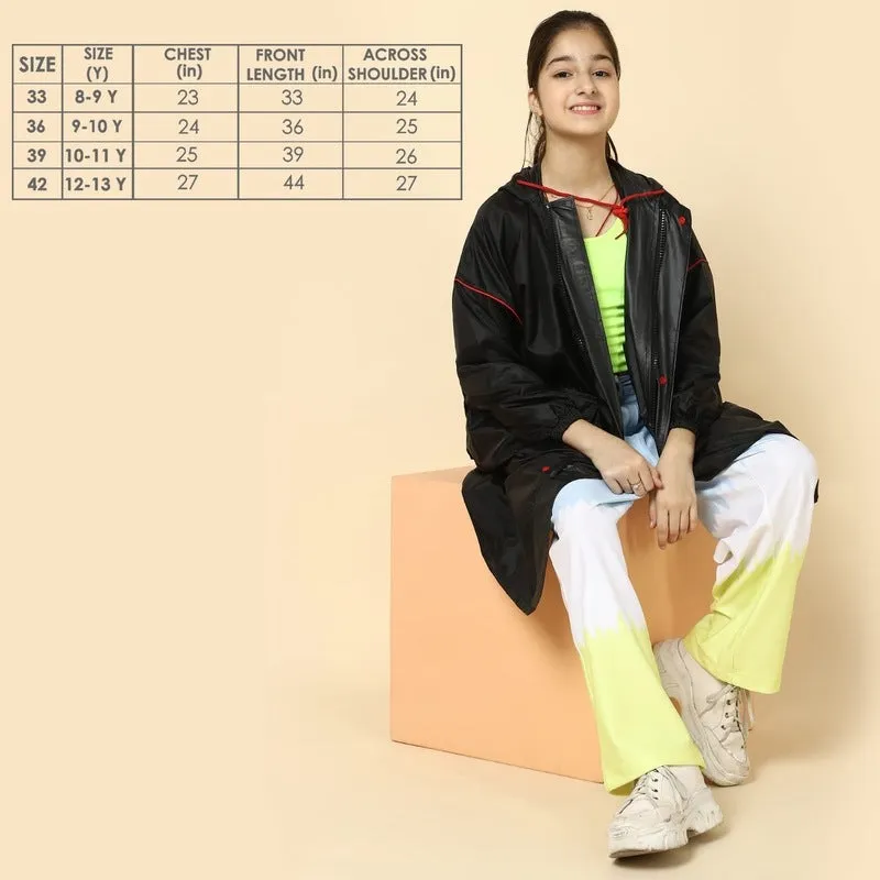 THE CLOWNFISH Laurel Series Kids Waterproof PVC Longcoat with Adjustable Hood & Extra Space for Backpack/Schoolbag Holding. Printed Plastic Pouch. Kid Age-9-10 years (Size-36-Blue)