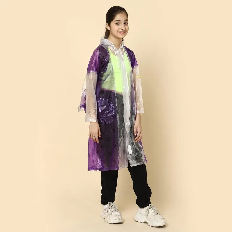 THE CLOWNFISH Laurel Series Kids Waterproof PVC Longcoat with Adjustable Hood & Extra Space for Backpack/Schoolbag Holding. Printed Plastic Pouch. Kid Age-9-10 years (Size-36-Blue)
