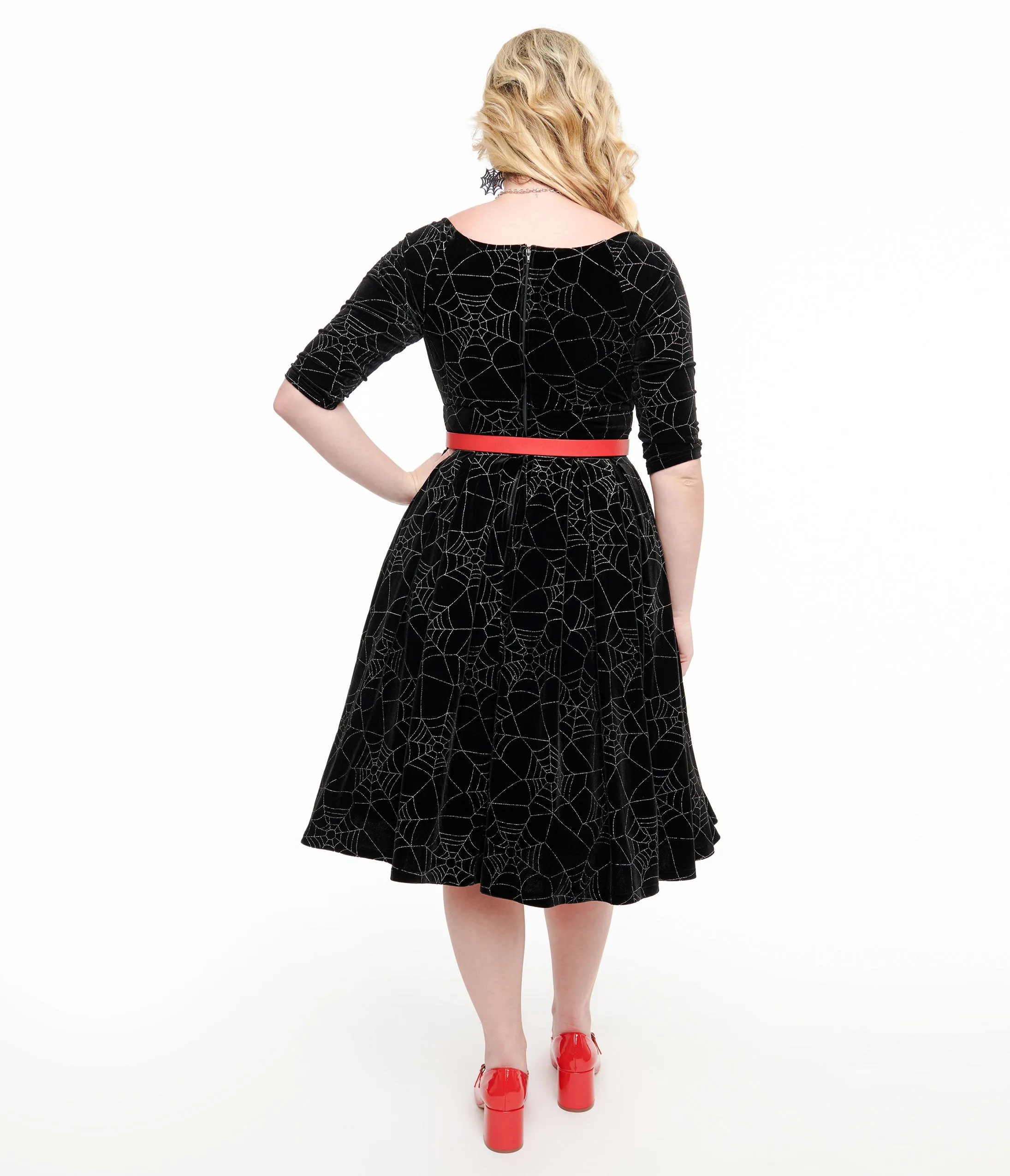 Unique Vintage 1950s Black Velvet & Silver Spiderweb Marceline Swing Dress