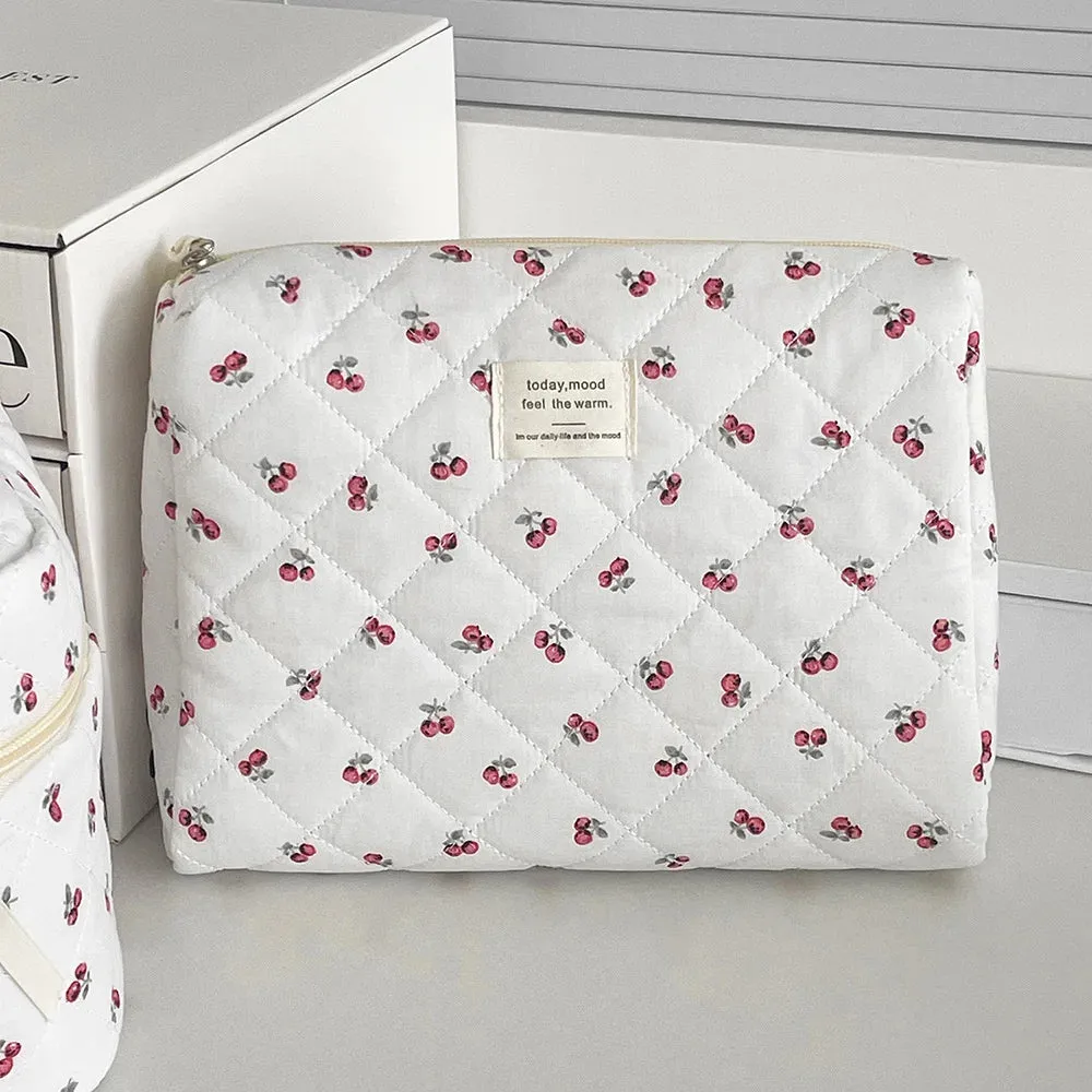 Vvsha Fashion Cherry Tote Women Makeup Bag Portable Cute Ladies Cosmetic Toiletry Storage Pouch Handbag Cotton Quilted Zipper Bag