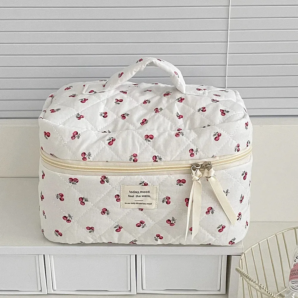 Vvsha Fashion Cherry Tote Women Makeup Bag Portable Cute Ladies Cosmetic Toiletry Storage Pouch Handbag Cotton Quilted Zipper Bag