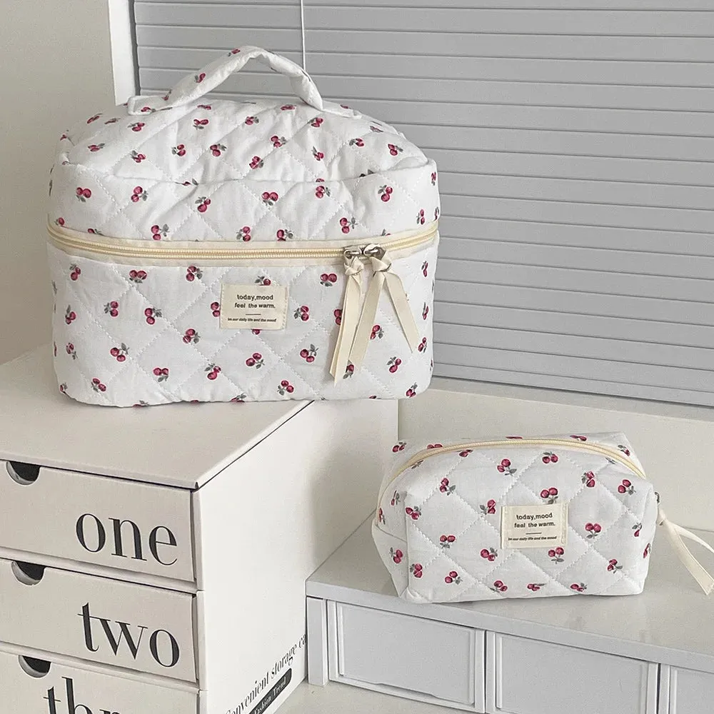 Vvsha Fashion Cherry Tote Women Makeup Bag Portable Cute Ladies Cosmetic Toiletry Storage Pouch Handbag Cotton Quilted Zipper Bag