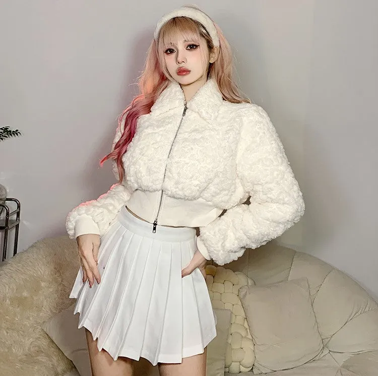 White Sweet & Cool Velvet Plush Woolen Zipper Short Jacket