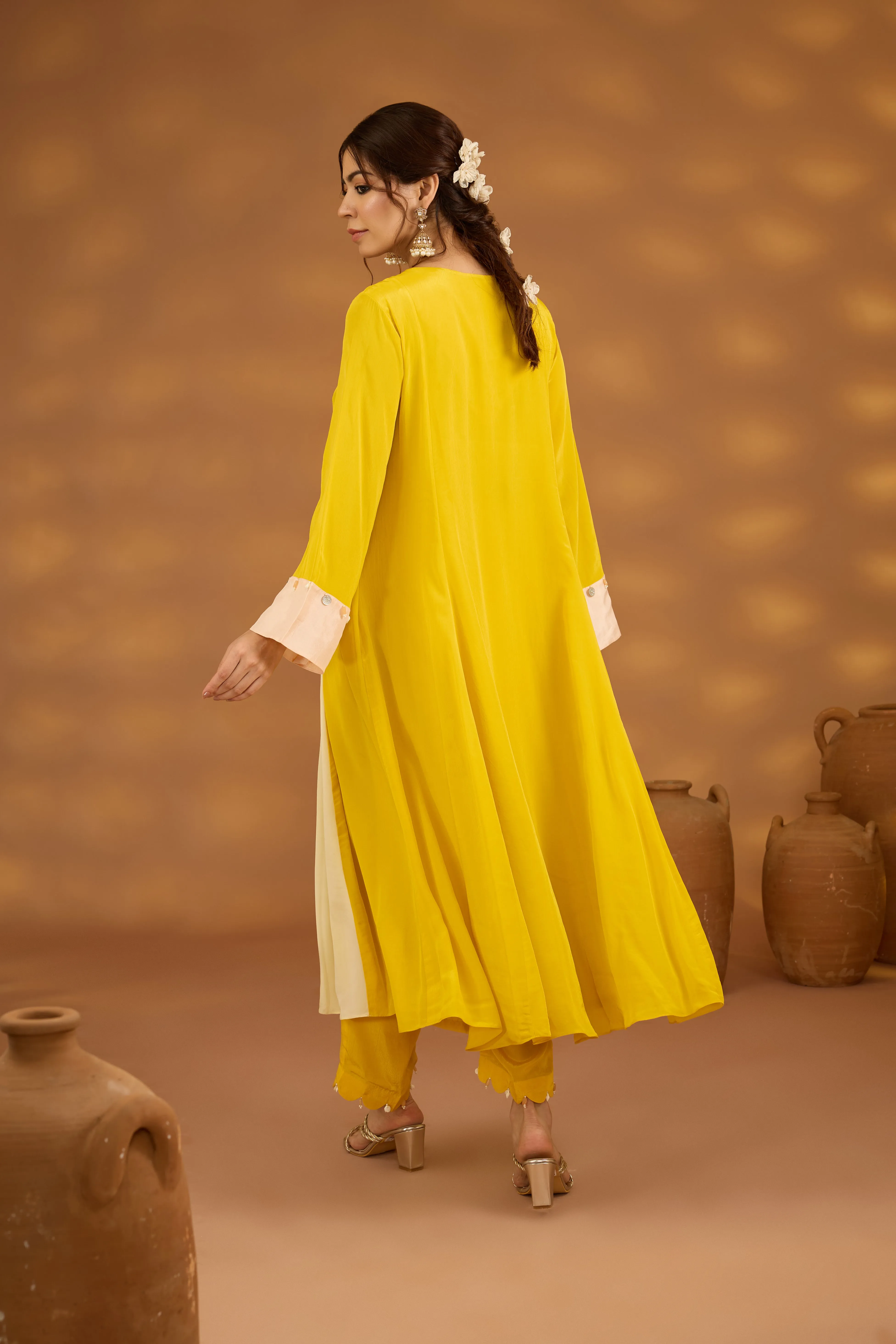 yellow colorblock embroidered kurta set with dupatta