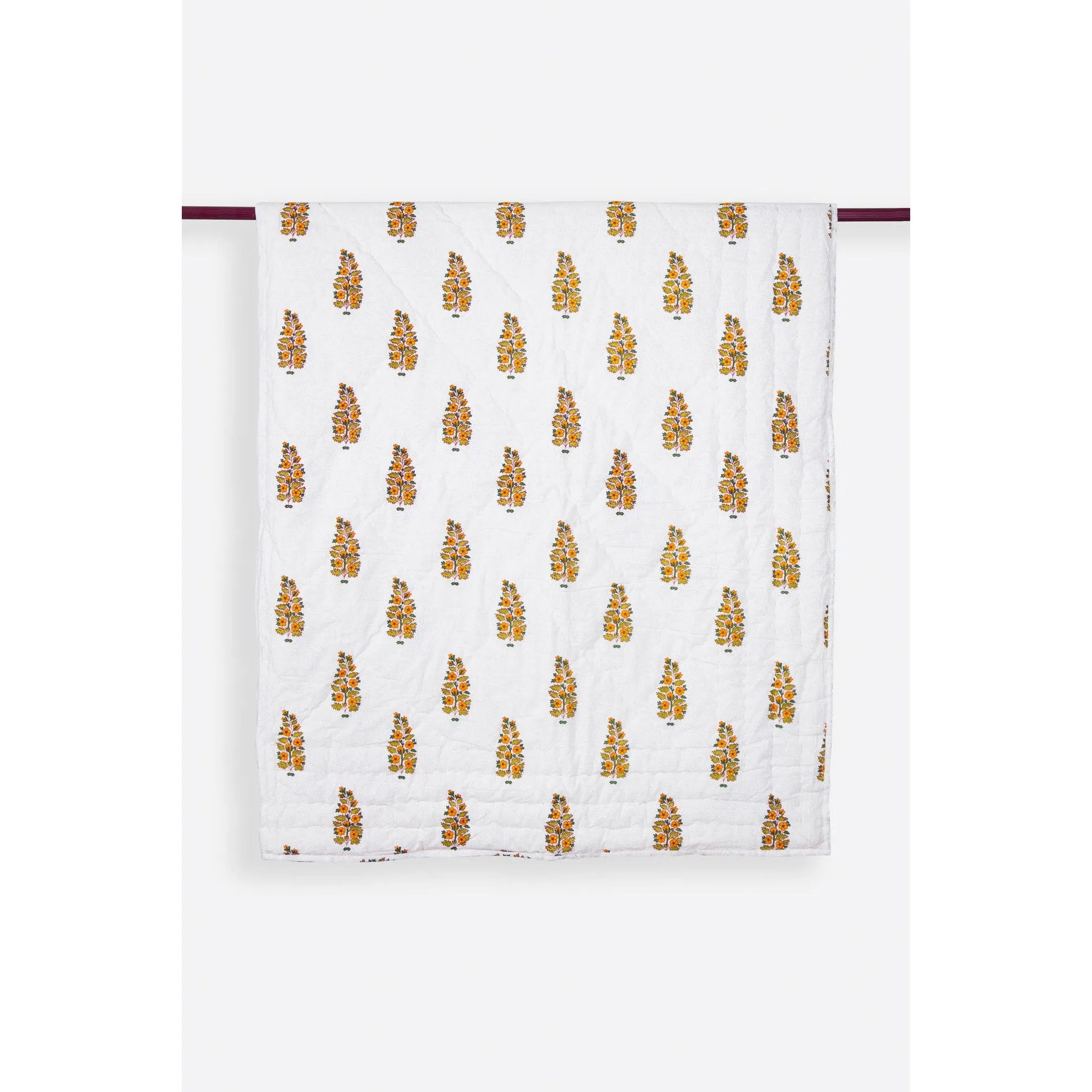 Zubeidah Tulip White and Yellow Blockprint Reversible Handmade Cotton Quilt