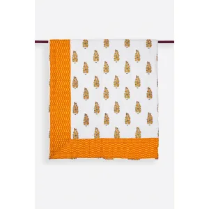 Zubeidah Tulip White and Yellow Blockprint Reversible Handmade Cotton Quilt