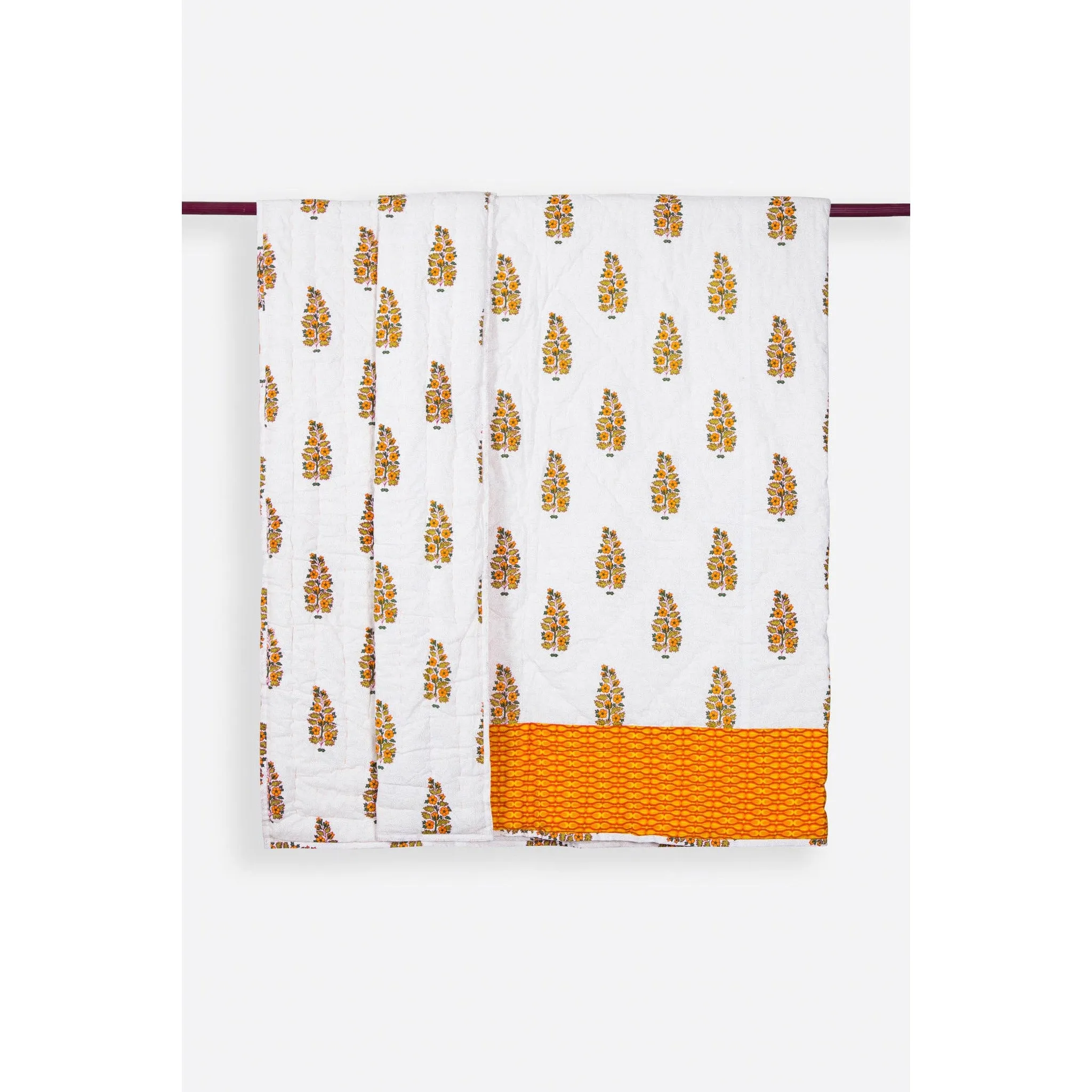 Zubeidah Tulip White and Yellow Blockprint Reversible Handmade Cotton Quilt